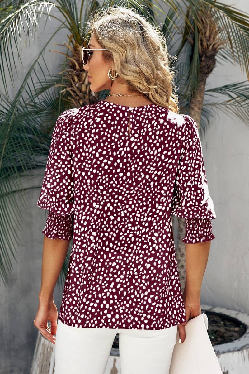 CWTBLS1600_ROUND NECK PRINTED SHORT-SLEEVED CHIFFON SHIRT