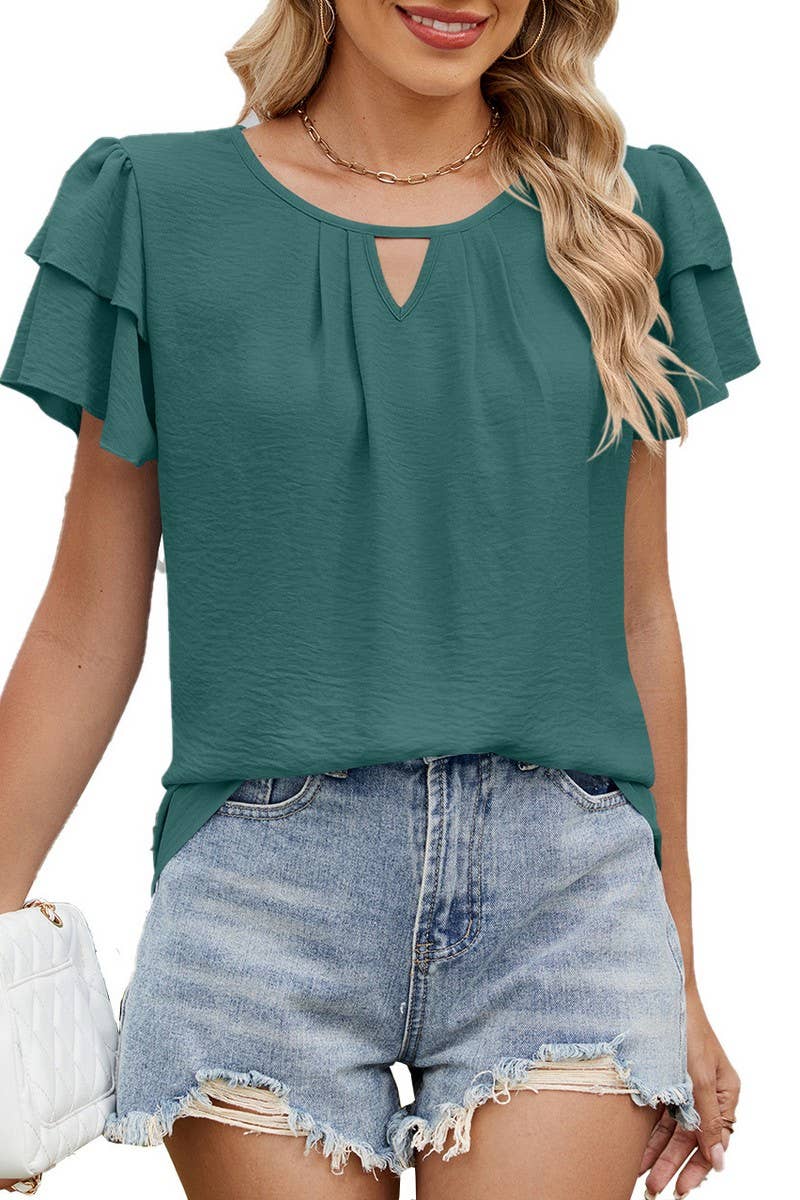 CWTBLS1737_V-NECK HOLLOW DOUBLE-LAYER SLEEVE CHIFFON TOP