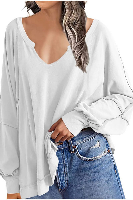 CWTBLL3940_LOOSE SOLID V-NECK ASYMMETRICAL LONG SLEEVE TEE