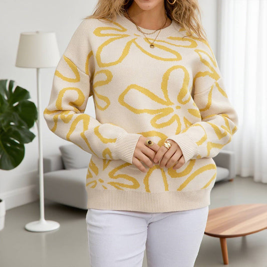 Flower-contrasting color loose knitted sweater