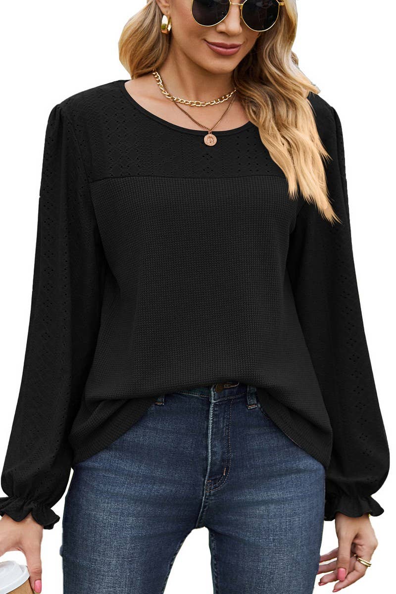 CWTBLL2417_SPLICED ROUND NECK LOOSE LONG SLEEVE T-SHIRT TOP