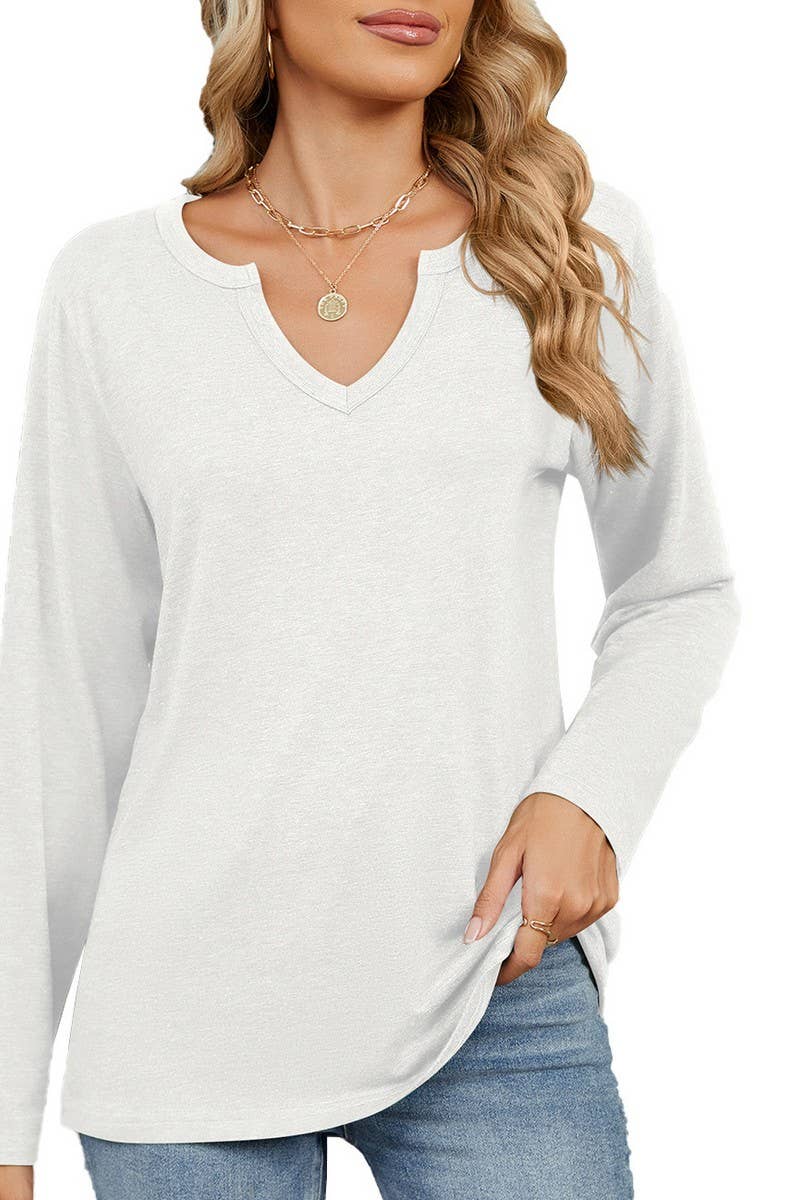 CWTBLL2369_V-NECK SOLID COLOR LOOSE LONG-SLEEVED T-SHIRT