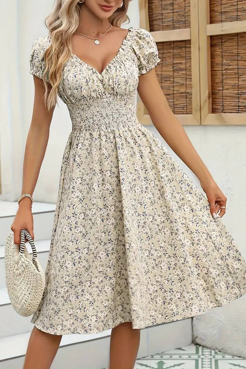 CWDMD5870_VINTAGE FLORAL PUFF SLEEVE FRENCH MIDI DRESS