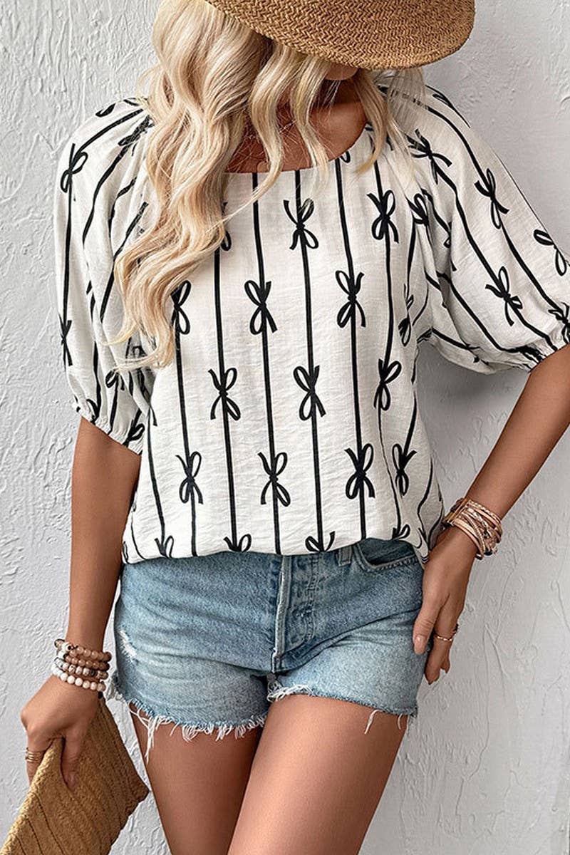 CWTBLS2134_PUFF SLEEVE SQUARE NECK BOW TIE STRIPE SHIRT