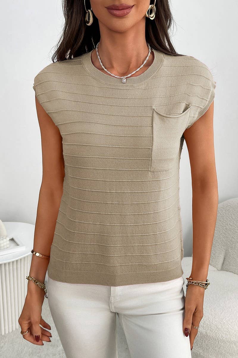 CWTBLS2258_STRIPED KNIT SHORT SLEEVE POCKET PULLOVER SWEATER