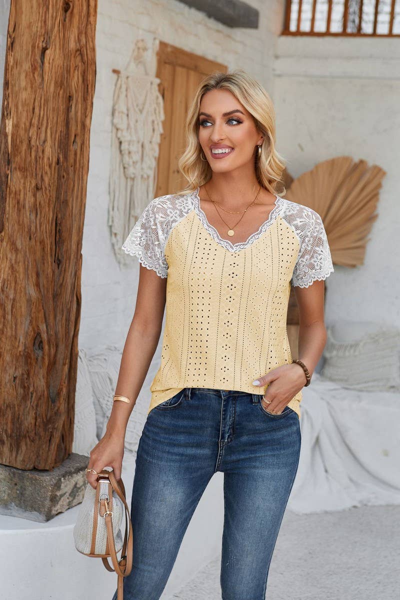 CWTTS00707_SUMMER LACE PATCHWORK SHORT-SLEEVED T-SHIRT