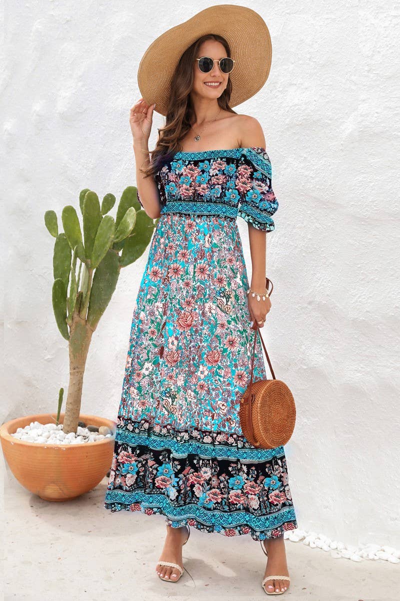 CWDMD2149_PRINTED ONE SHOULDER PUFF SLEEVE MIDI DRESS