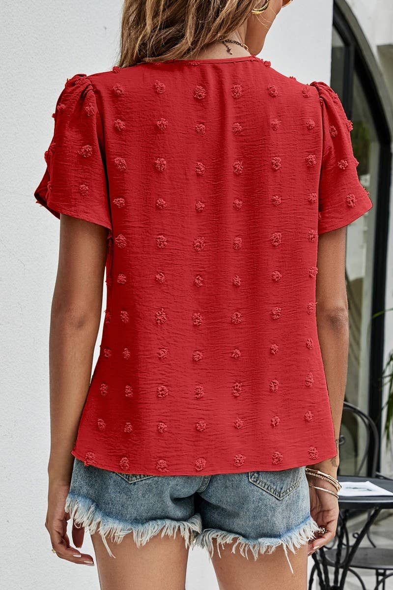 CWTBLS0342_Round neck Short Puff Sleeve Blouse