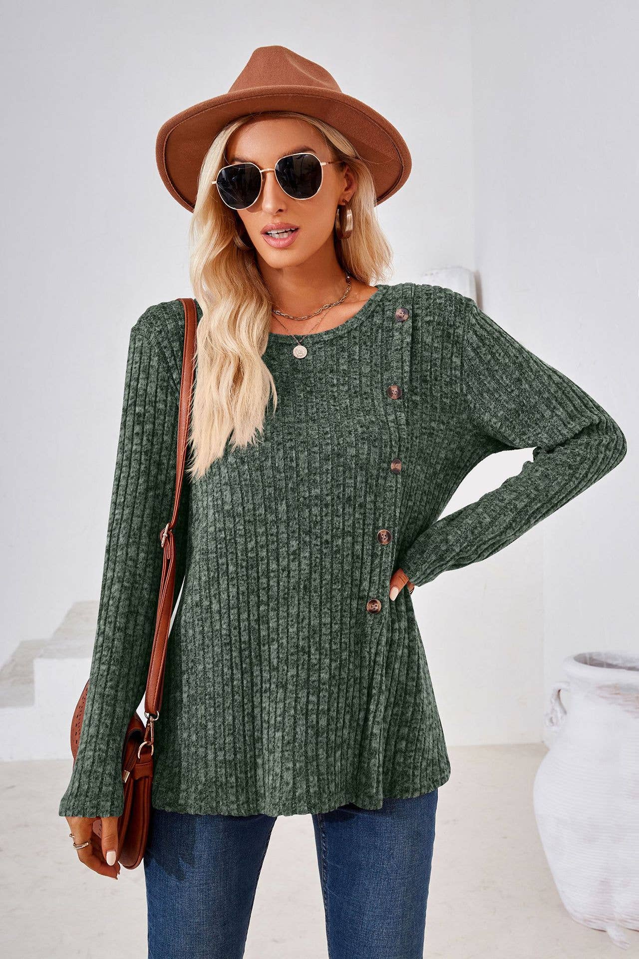 CREW-NECK BUTTON-UP LONG-SLEEVED LOOSE T-SHIRT