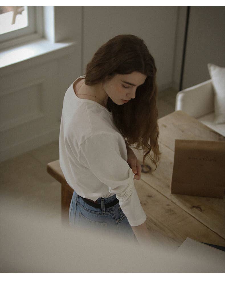 Cotton round-neck off-the-shoulder sleeve shirt