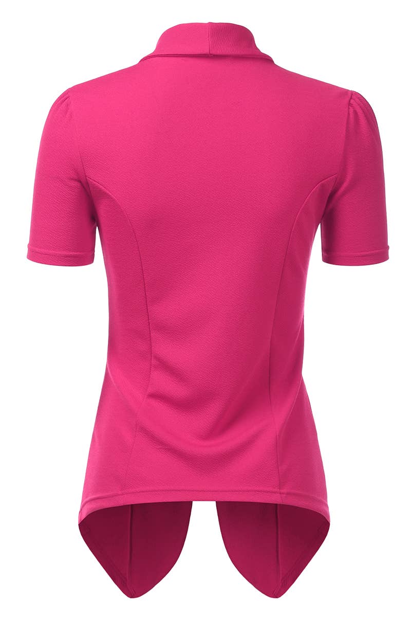 CWOBL095-P_Short Sleeve Open Front Draped Ruffles Blouses