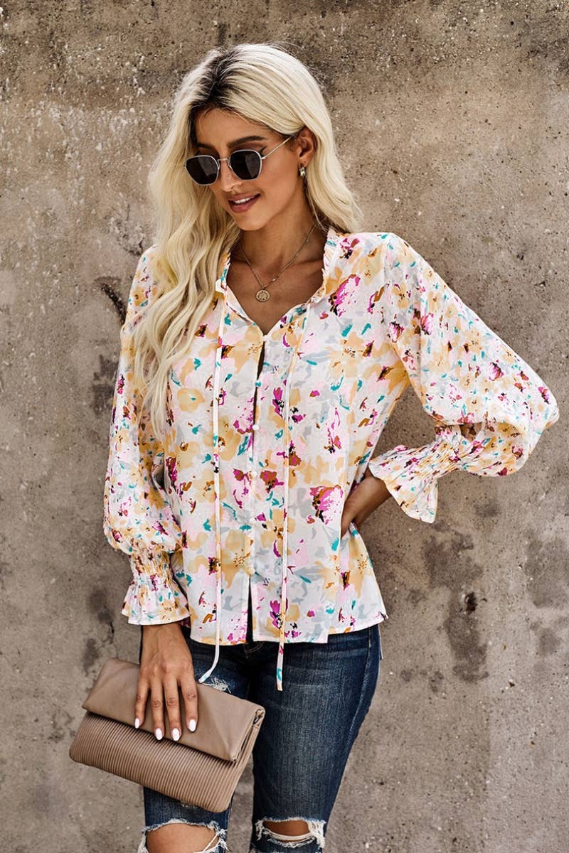 CWTBLL1151_FLORAL CHIFFON LONG SLEEVE V-NECK SHIRT TOP