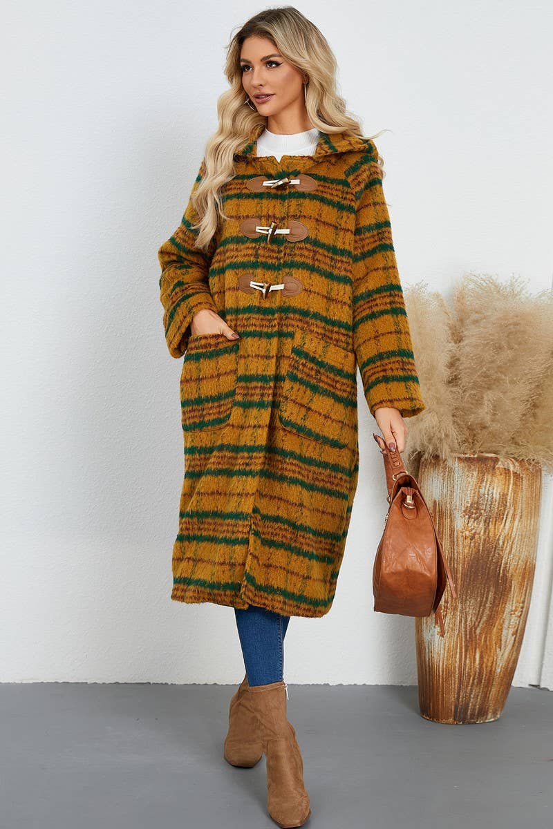 CWOCO0940_HORN BUTTON PLAID HOODED WOOLEN LONG COAT