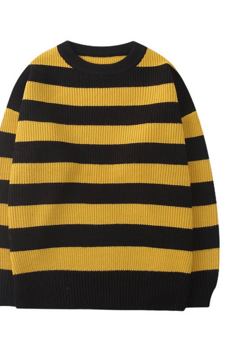 CWOSWL5737_CREW NECK LONG SLEEVE STRIPED KNIT SWEATER