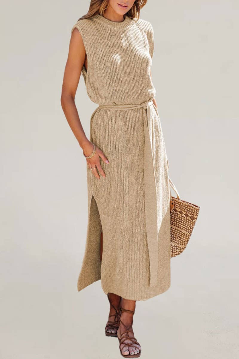 CWDMD2089_CREW NECK SLEEVELESS LACE-UP DRESS WITH SLIT