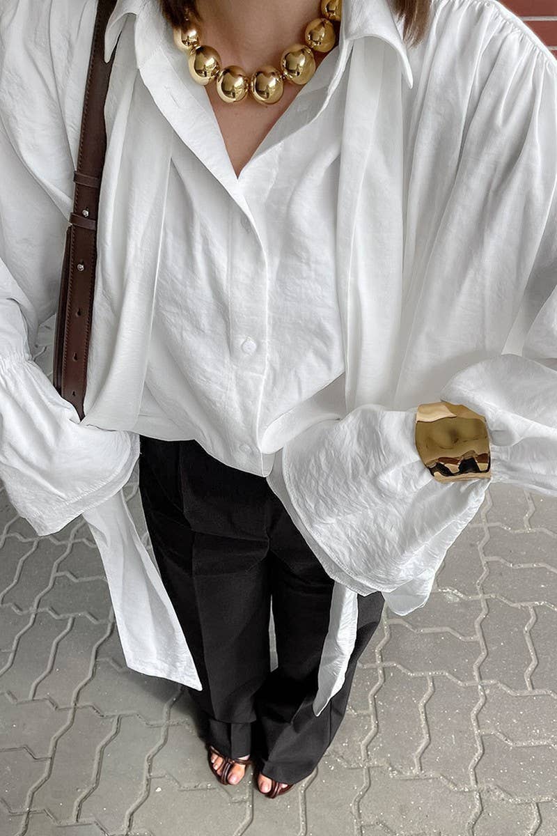 CWTBLL3356_LOOSE WHITE RIBBON TRUMPET SLEEVE SHIRT TOP