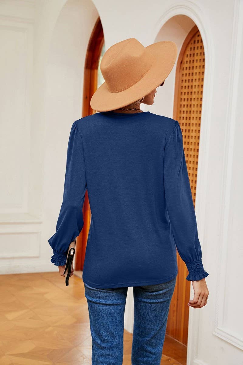 CWTBLL2395_V-NECK LACE RUFFLE SLEEVES LOOSE CASUAL TOP