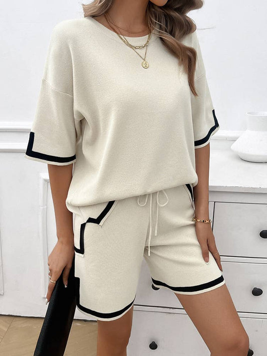 CREW NECK STYLE CASUAL SHORT SWEATER SET