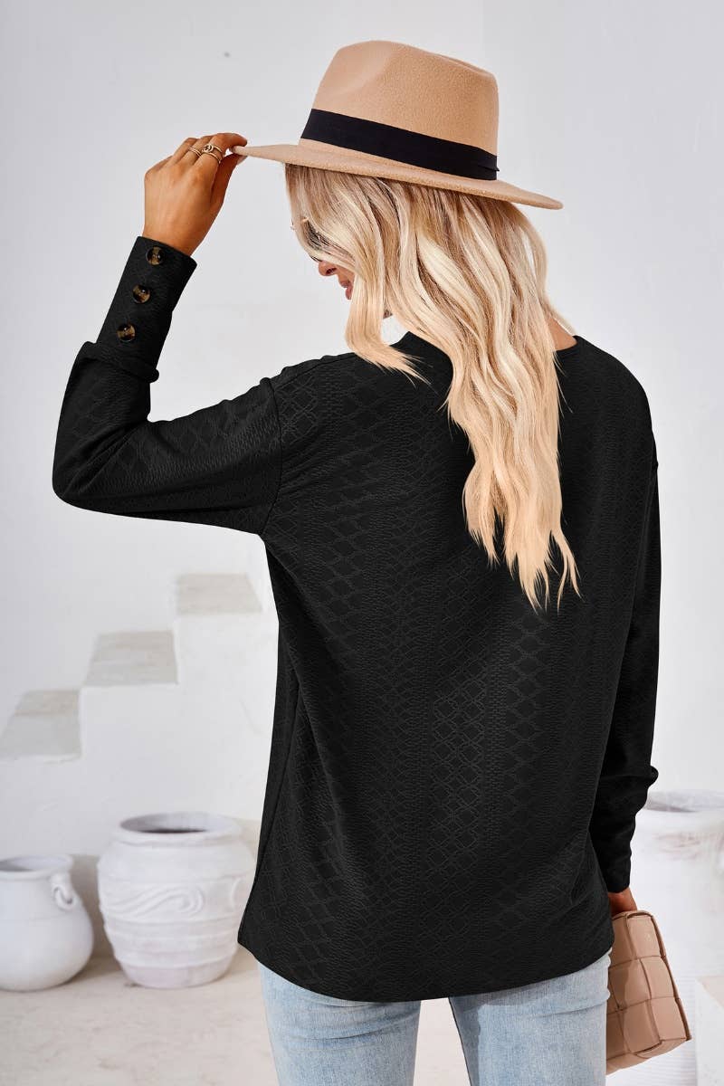 CWTBLL2806_SOLID COLOR V-NECK LONG SLEEVE BUTTON-UP TOP