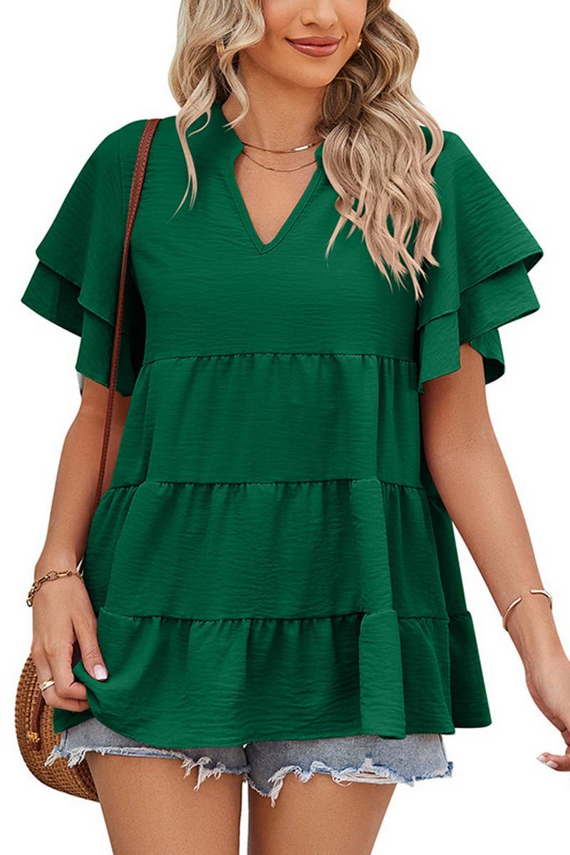 CWTBLS1602_V-NECK DOUBLE-SLEEVE SWEET BABYDOLL SHIRT TOP