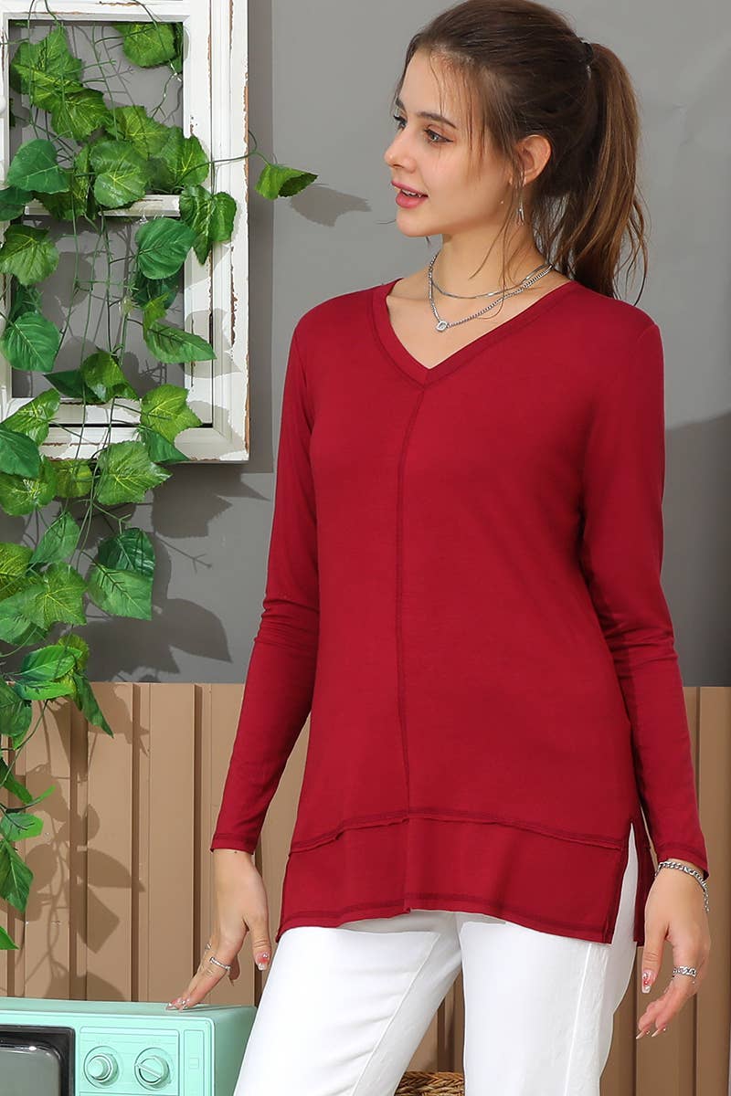 CWTTL968_LONG SLEEVE V NECK SIDE CUT OUT TUNIC TOP