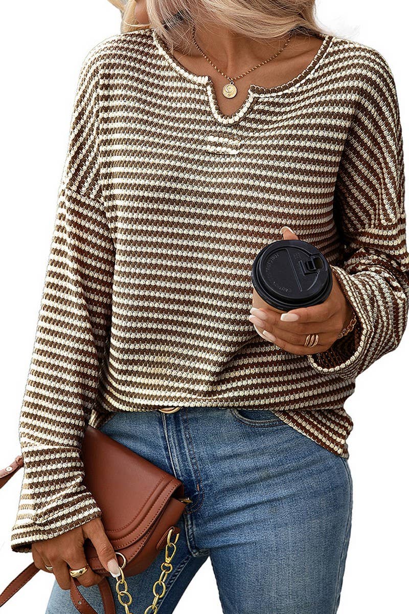 CWOSWL07716_STRIPED WAFFLE KNIT TOP WOMEN CASUAL LONG SLEEVE