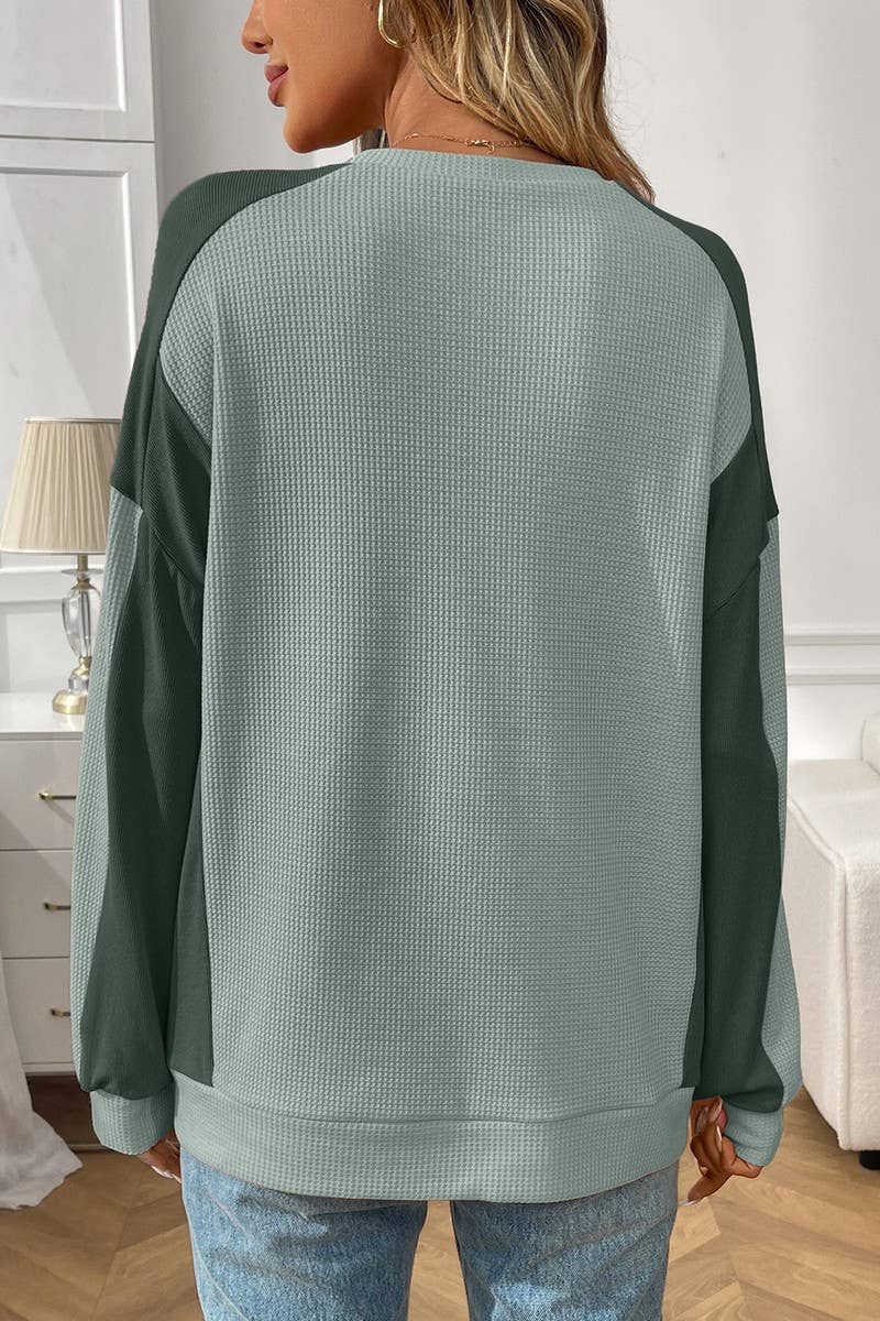 CWTBLL00833_COLORBLOCK CREWNECK WAFFLE KNIT LOOSE TOP