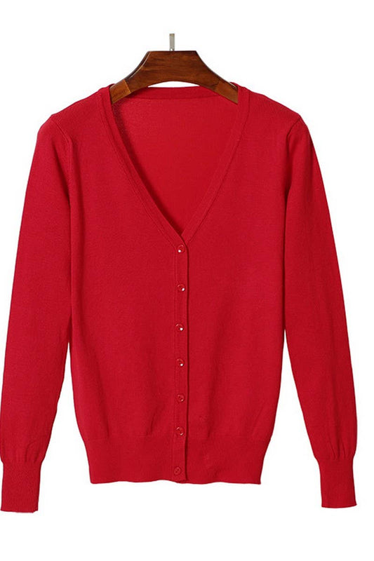 CWOCAL2074_V-NECK SOLID COLOR LONG-SLEEVED KNITTED CARDIGAN