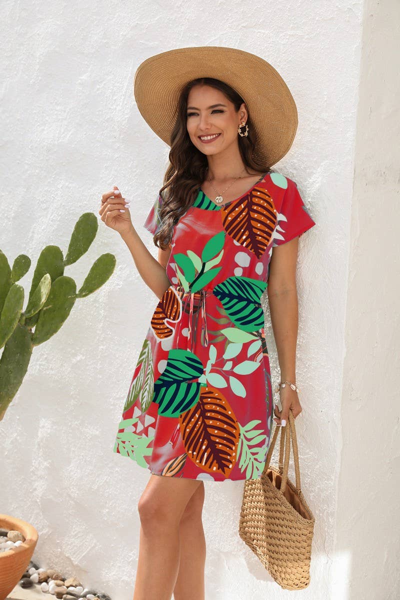 CWDSD4019_V-NECK FLORAL PRINT DRAWSTRING DRESS