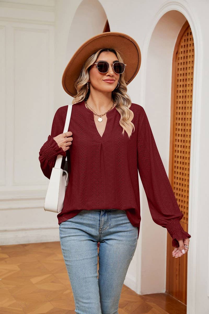 CWTBLL2377_SOLID COLOR V-NECK LOOSE LONG-SLEEVED PULLOVER