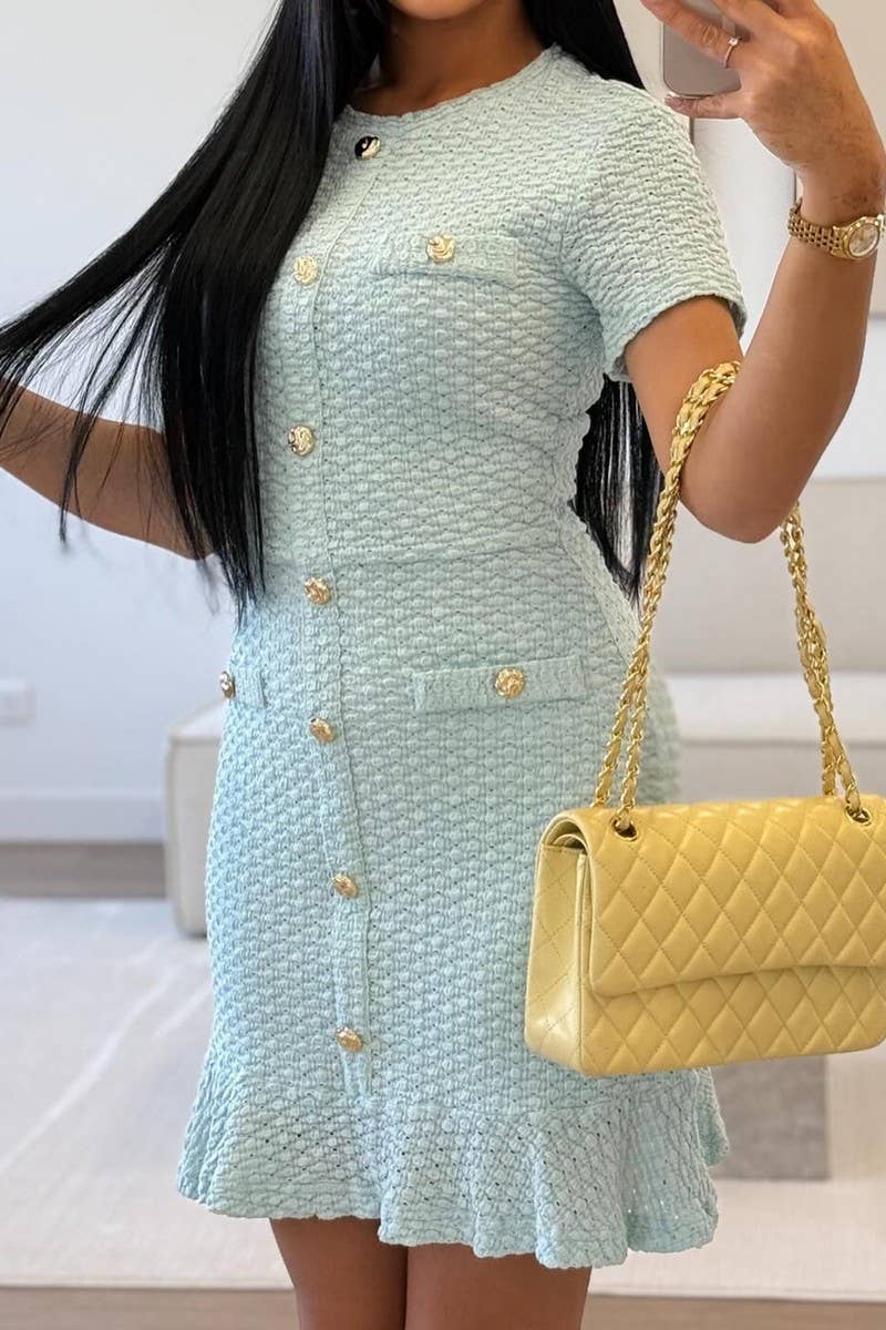 CWDSD10833_SOLID BUTTON FRONT SLIM FIT SHORT SLEEVE DRESS