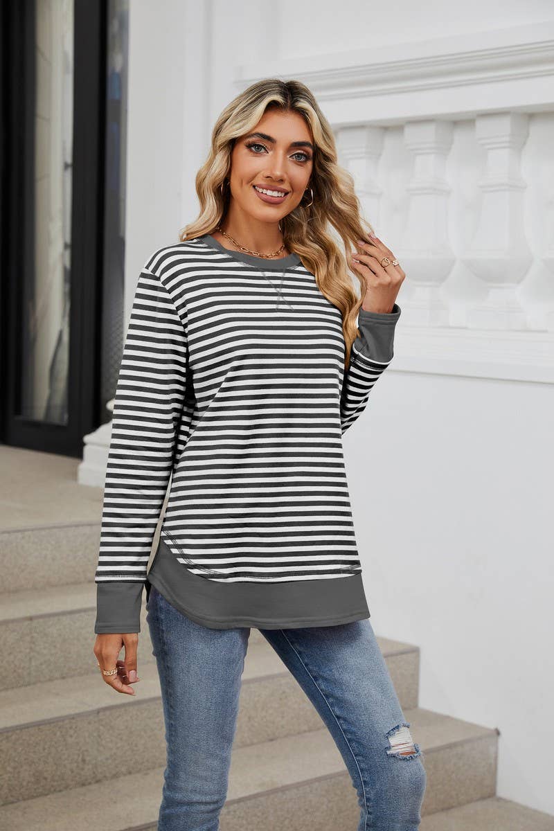 CWTBLL2355_CREW NECK STRIPED COLORBLOCK CASUAL SWEATSHIRT