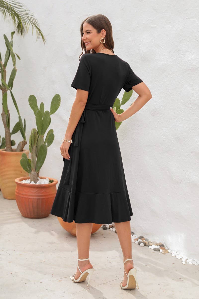 CWDMD2151_SOLID COLOR V-NECK HIGH WAIST BELTED DRESS