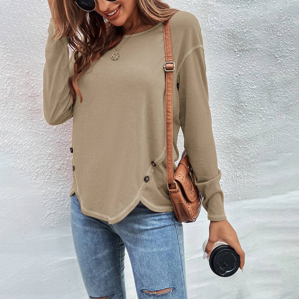 Decorative buttons irregular hem T-shirt