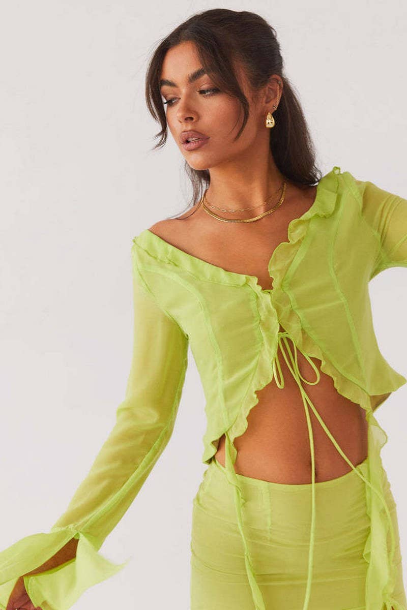 CWSTB2031_RUFFLE FRINGE LONG SLEEVE BODYCON SKIRT SET