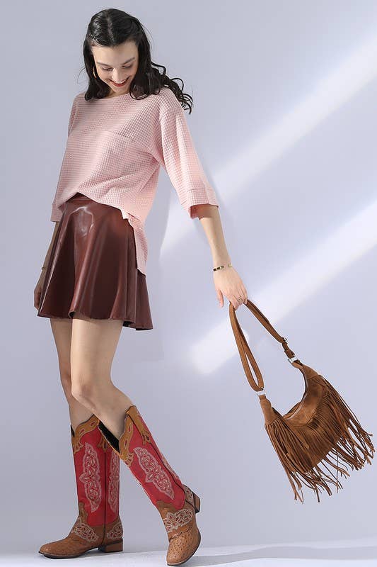 CWTTS696_ROUND NECK ROLLED SHORT SLEEVE TUNIC TOP