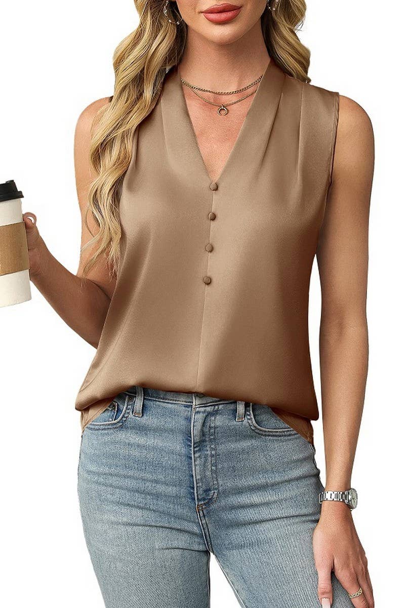 CWTBLSL0963_SATIN BUTTON V-NECK SLEEVELESS BLOUSE