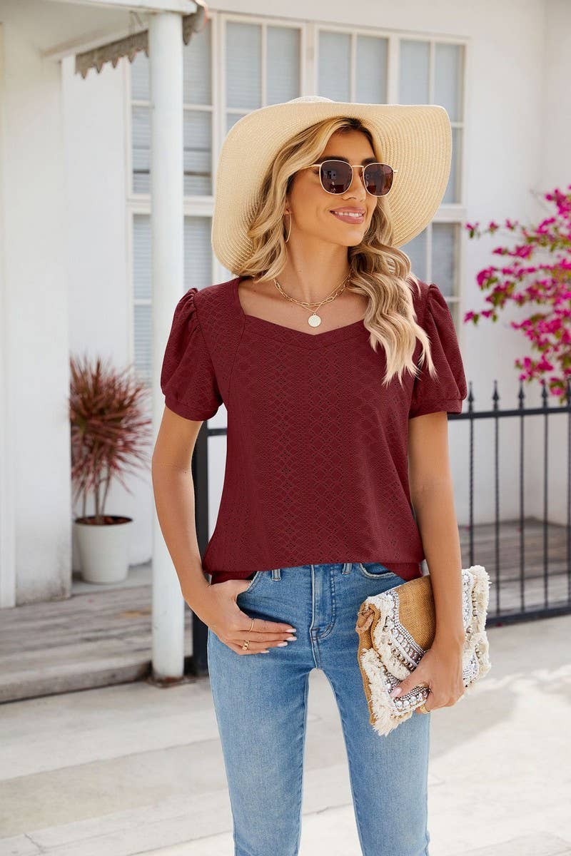 CWTTS0826_Sweetheart Neck Short Sleeve Knit Top