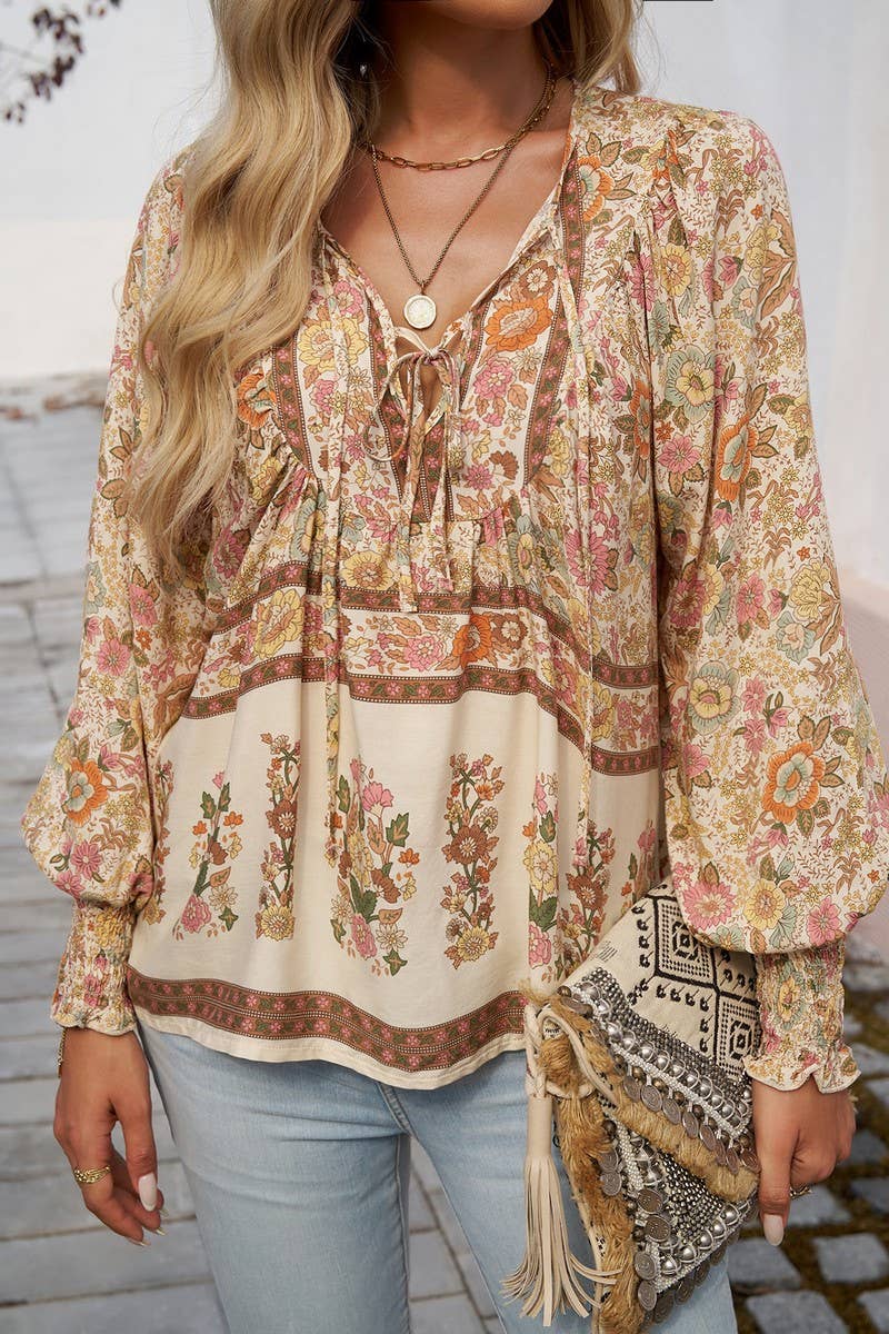 CWTBLL3942_BOHO V-NECK TIE FRONT PRINTED LONG SLEEVE BLOUSE