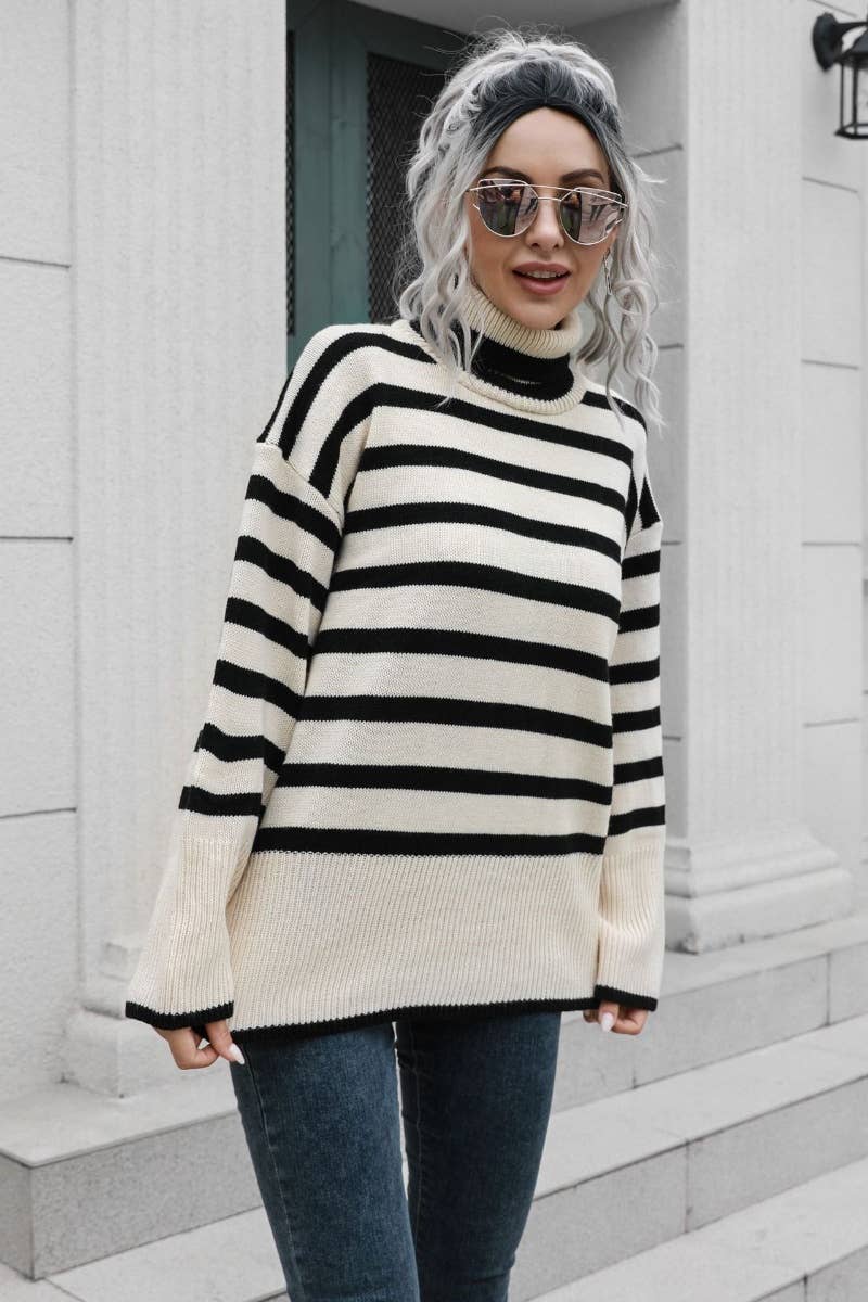 CWOSWL6371_TURTLENECK STRIPED LONG-SLEEVED SLIT SWEATER