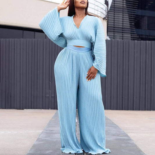 PLEATED V-NECK TOP AND WIDELEG PANTS TWO-PIECE SET_CWSTB1138