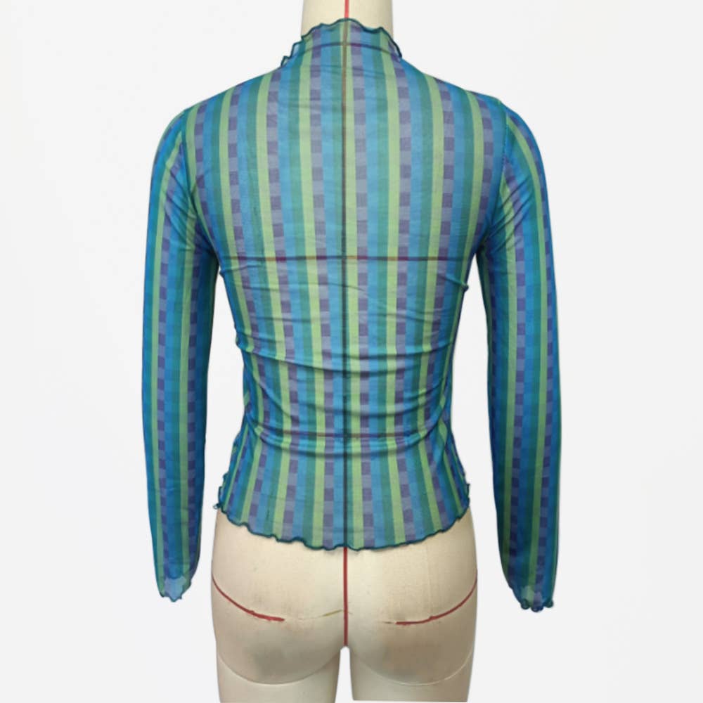 CREW-NECK RAINBOW PLAID PRINT SLIM-FIT PLEAT TOP