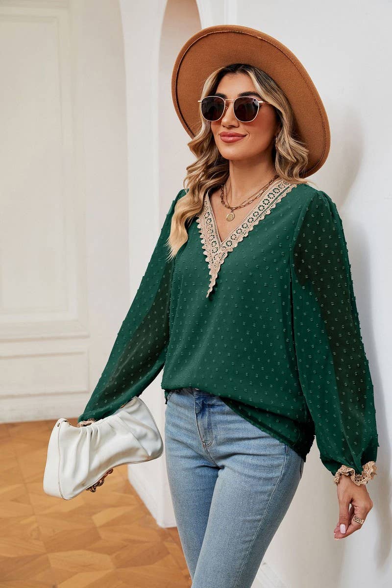 CWTBLL2386_JACQUARD V-NECK LONG-SLEEVED CHIFFON SHIRT TOP