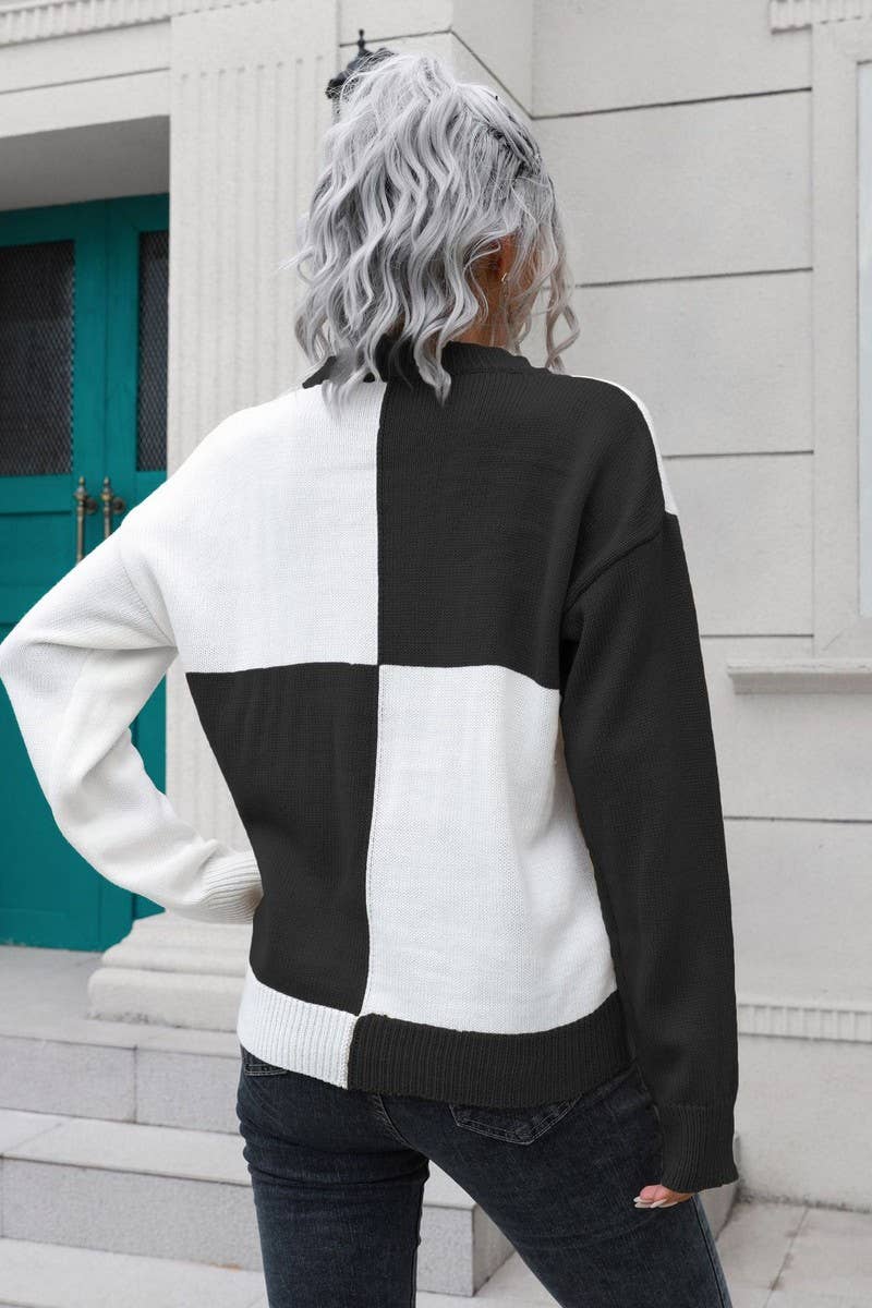 CWOSWL3892_CHECKERBOARD CREW NECK  KNIT PULLOVER SWEATER