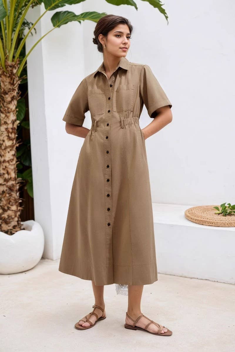 CWTDSS0074_LAPEL BELTED SINGLE BREASTED SHIRT DRESS