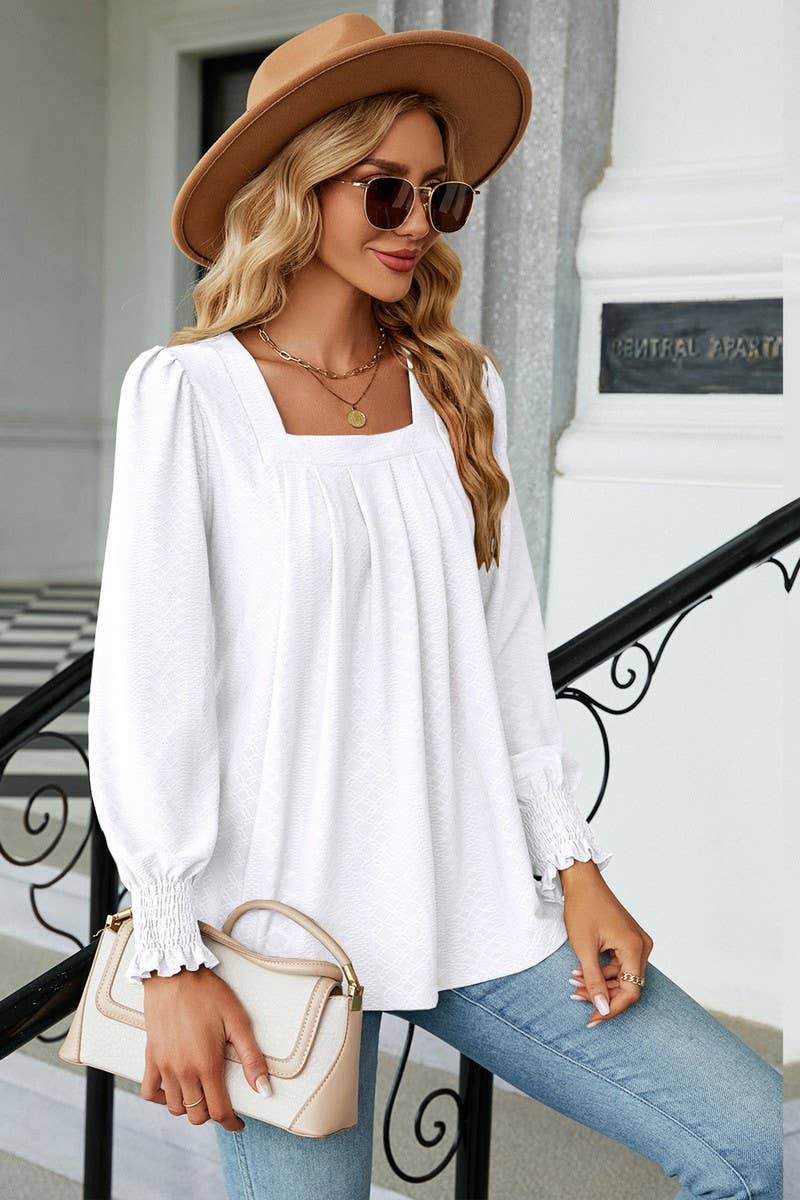 CWTBLL0194_WOMEN SQAURE NECK SHIRRED CUFF LONG SLEEVE BLOUSE