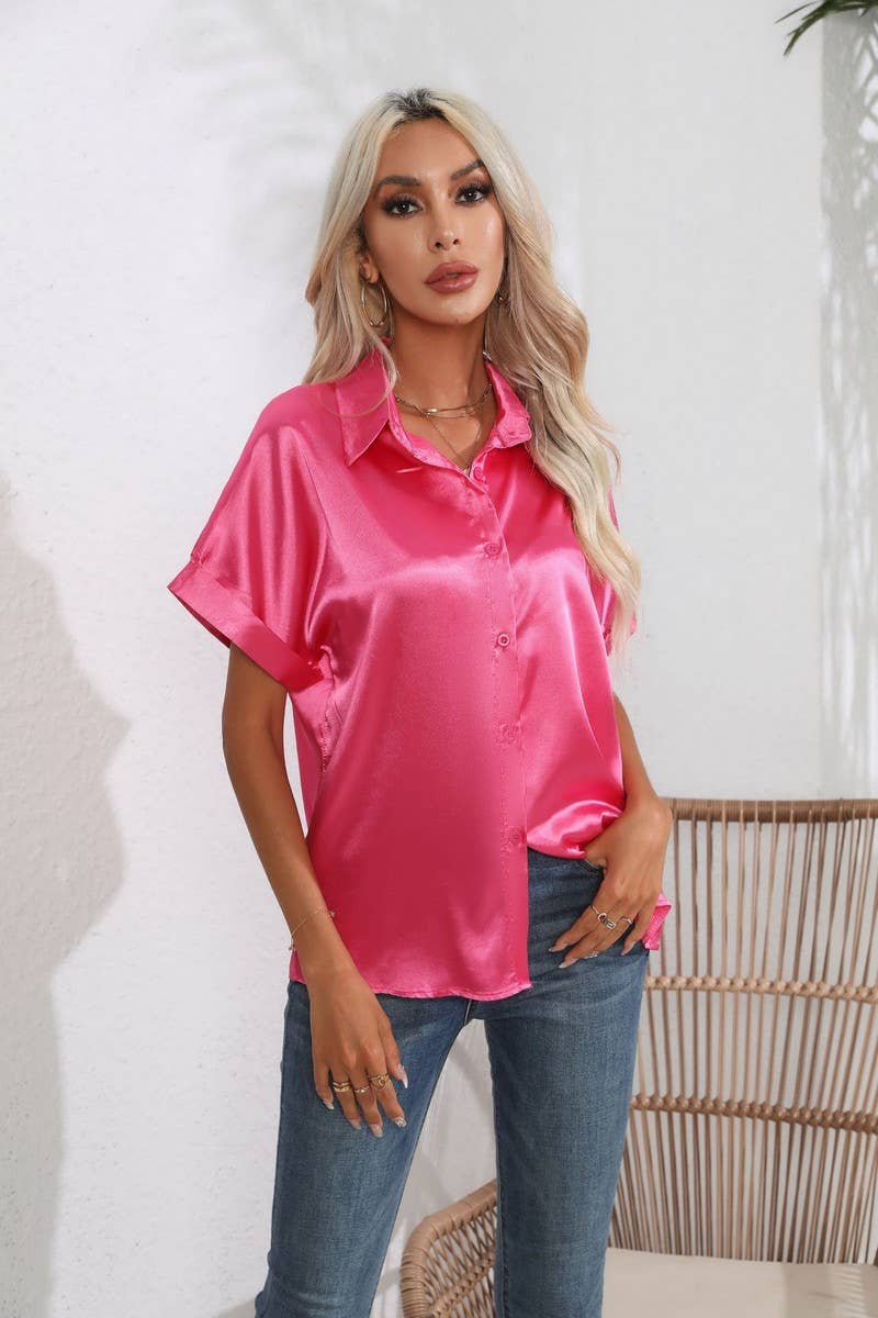 CWTBLS0406_Button Down Silky Satin Short Sleeve Top