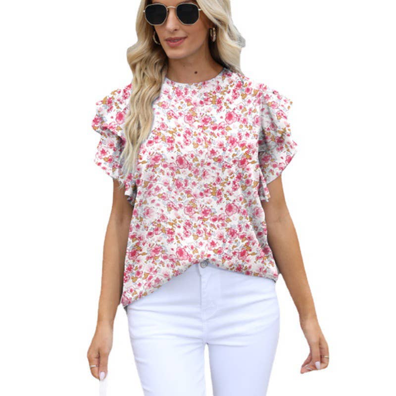 CREW-NECK PRINTED RUFFLED SHORT-SLEEVED T-SHIRT