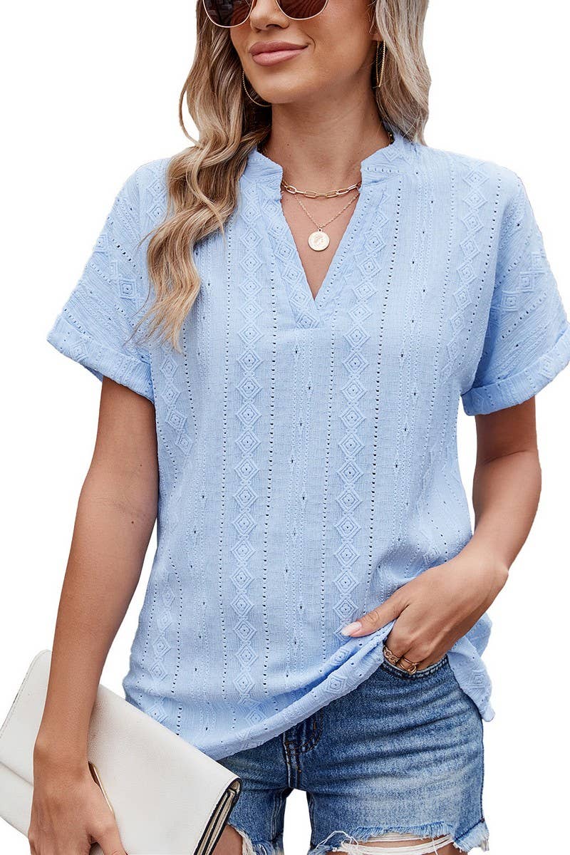 CWTTS1335_SUMMER JACQUARD V-NECK SHORT SLEEVE LOOSE T-SHIRT