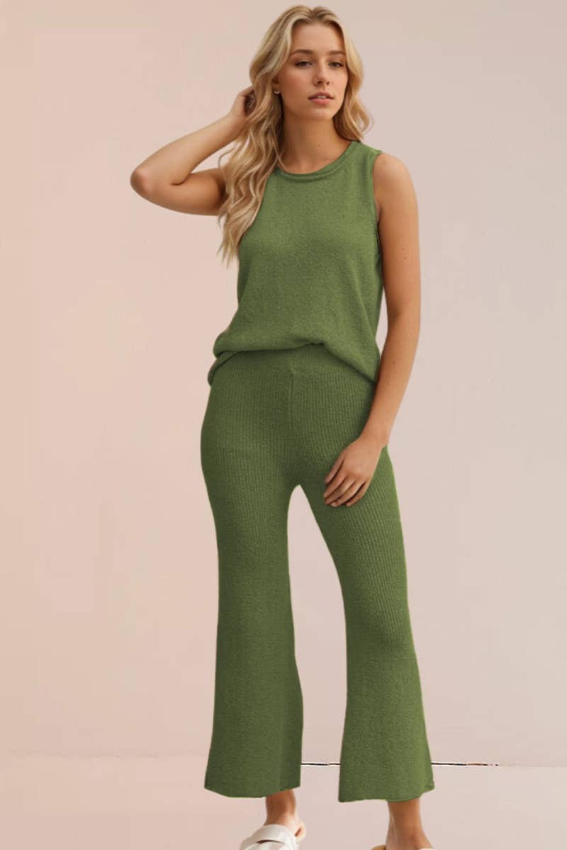 CWSS0495_KNIT SLEEVELESS TOP AND PANTS SUIT FOR WOMEN